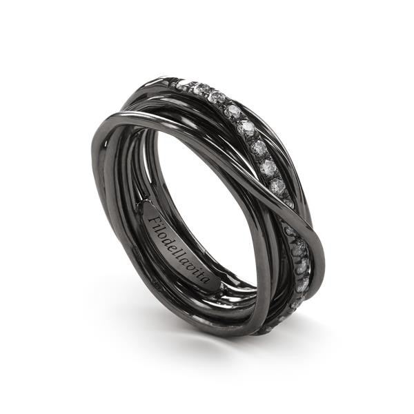 CLASSIC BLACK RING 7 WIRES SILVER 950 AL BURNISHED PALLADIUM AND WHITE DIAMONDS 0.21 CT