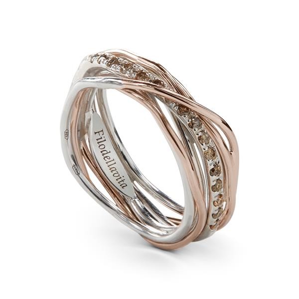 7-WIRE SCREWDRIVER RING IN 9 KT ROSE GOLD, 950 SILVER WITH PALLADIUM DIAMONDS BROWN CT 0.21