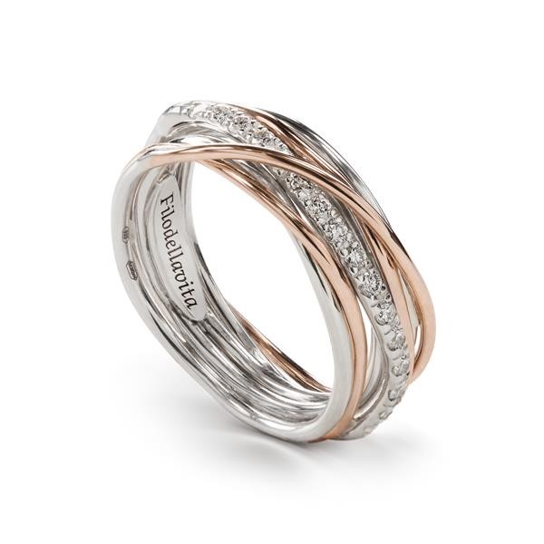 7-WIRE SCREWDRIVER RING IN 9 KT ROSE GOLD, 950 SILVER WITH PALLADIUM AND WHITE DIAMONDS CT 0.21