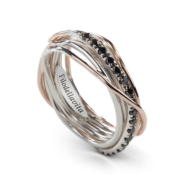 7-WIRE SCREWDRIVER RING IN 9 KT ROSE GOLD, 950 SILVER WITH PALLADIUM AND BLACK DIAMONDS CT 0.21