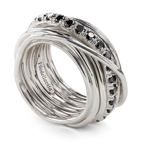 ROCK RING 13 WIRES 950 SILVER PALLADIUM AND DIAMONDS BLACK CT 0.80