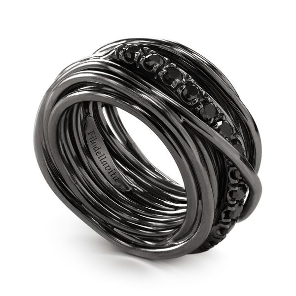 ROCK RING 13 WIRES IN BURNISHED SILVER 950 WITH PALLADIUM AND DIAMONDS BLACK CT 0.80