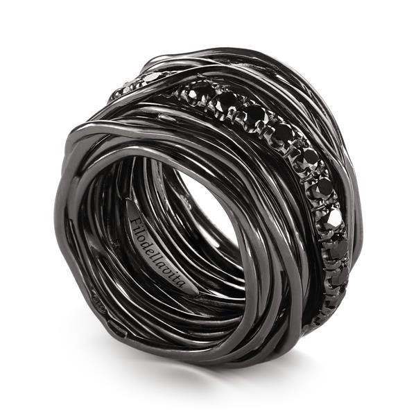 ROCK RING 22 THREADS BURNISHED SILVER 950 PALLADIUM AND DIAMONDS BLACK CT 0.80