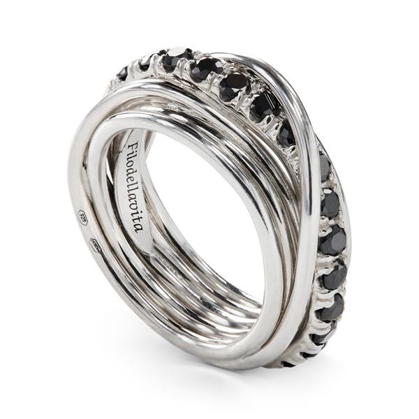 ROCK RING 7 WIRES 950 SILVER PALLADIUM AND DIAMONDS BLACK CT 0.80