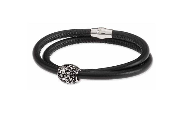 Agios Bracciale boule Mater in argento rodiato brunito, pelle naturale nera