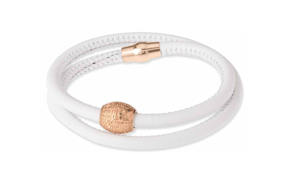 Agios Bracciale boule Mater in argento rosa, pelle naturale bianca