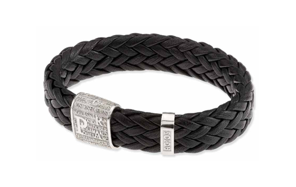 Agios Bracciale Pater in Argento Rodiato Pelle Naturale Nera