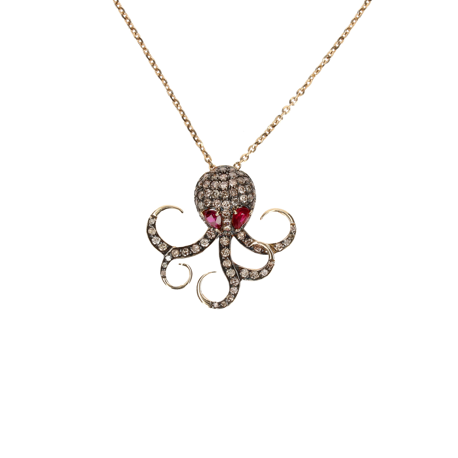 Pendente octopus Oro 750% diamanti brown 2,11 ct Rubini goccia 1,10 ct