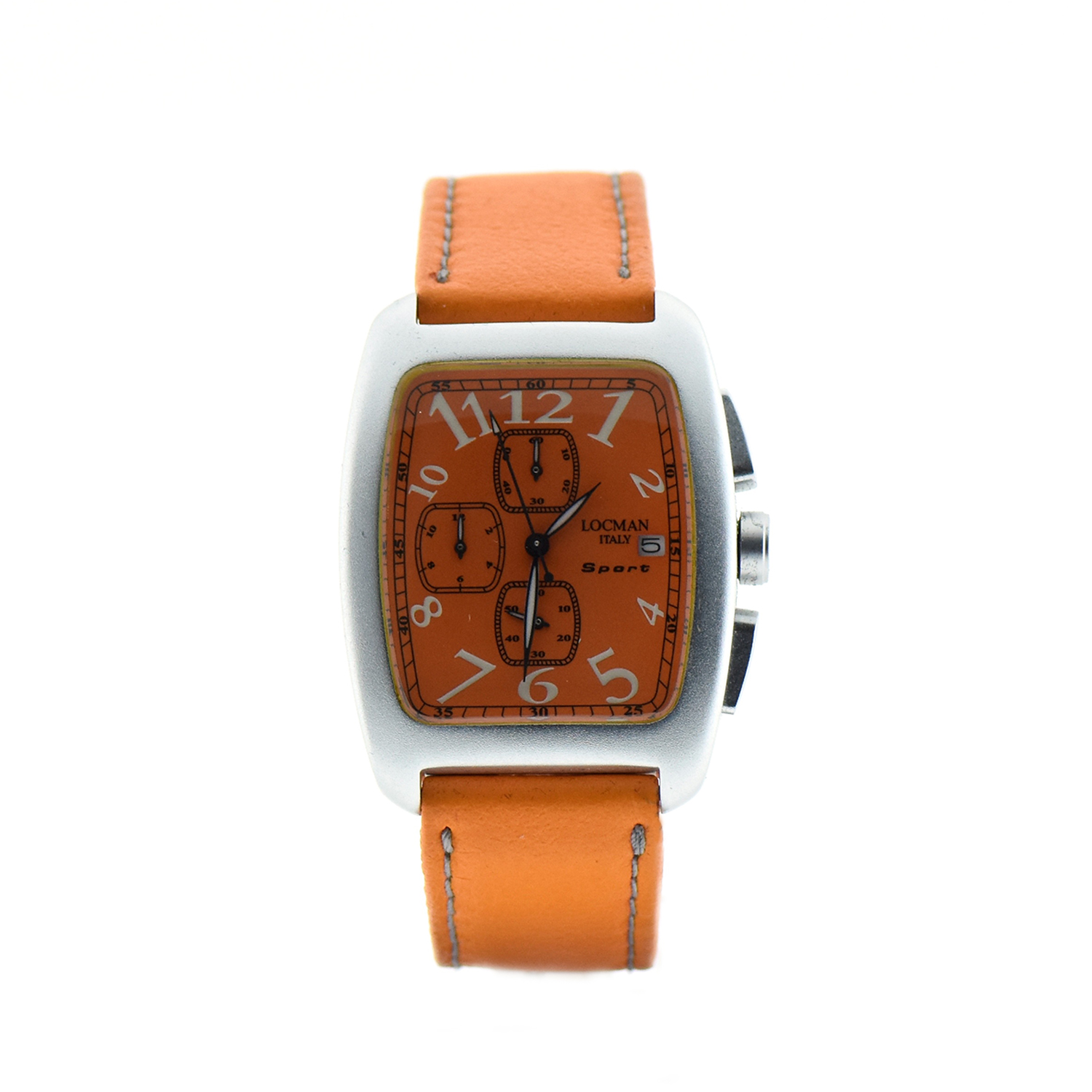 Oro Locman modello Sport cronografo cassa alluminio datario cinturino pelle arancione