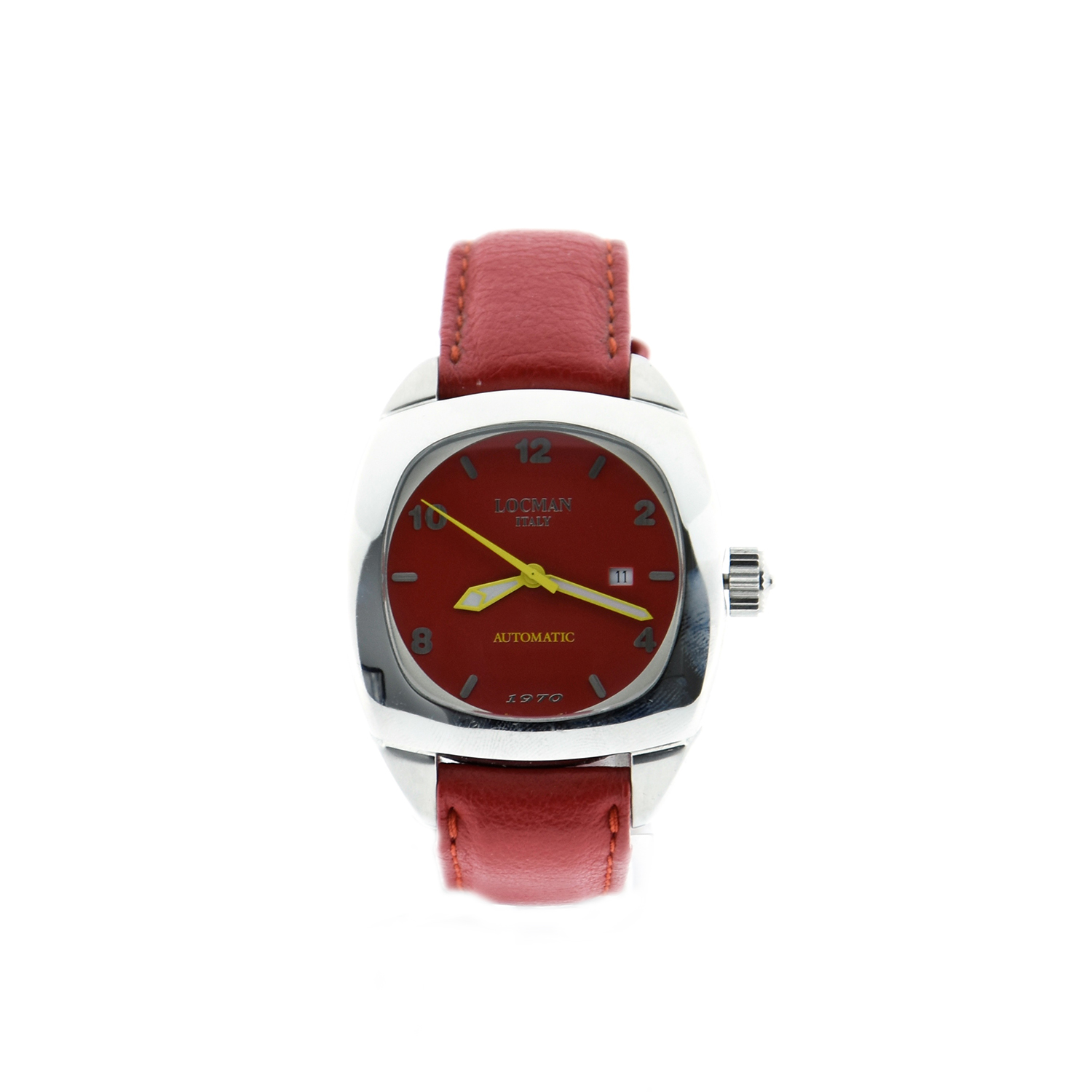 Orologio Locman automatico movimento svizzero vetro zaffiro modello 1970 cassa acciaio cinturino pelle rossa