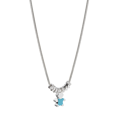 Collana, pepite tonde con zirconi e lisce, charm Bambino 3D con smalto azzurro.