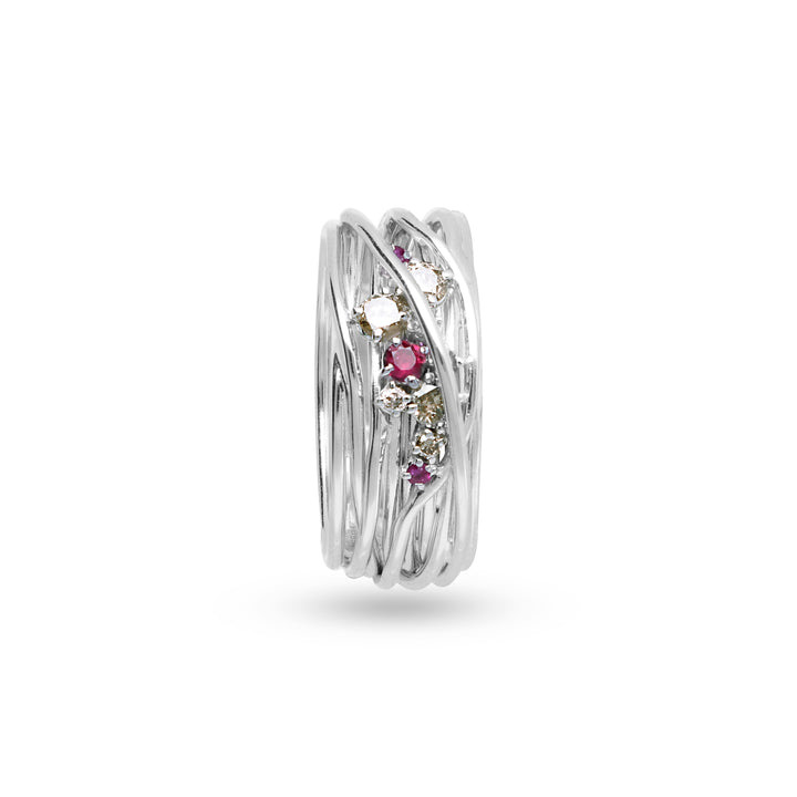 TEN COLLECTION 10-WIRE WHITE GOLD 18KT SCREWDRIVER RING, BROWN DIAMONDS AND RUBIES