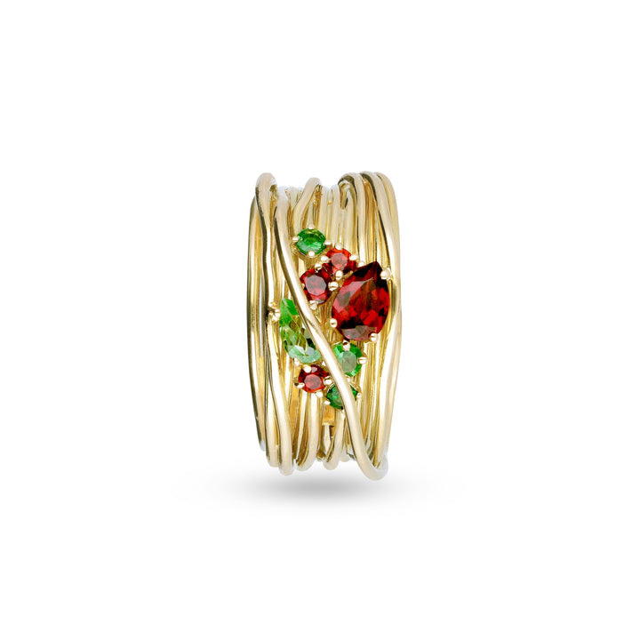 KHROMÍA COLLECTION 13-WIRE YELLOW GOLD 18KT SCREWDRIVER RING WITH GARNET AND TZAVORITE