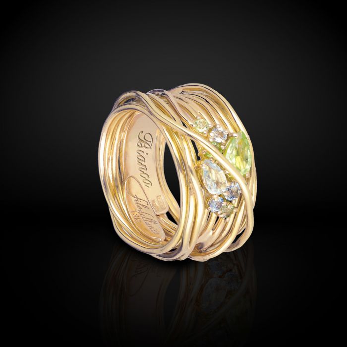 KHROMÍA COLLECTION 13-WIRE YELLOW GOLD 18KT SCREWDRIVER RING WITH PERIDOT AND AQUAMARINE