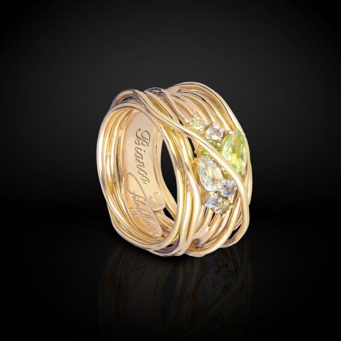 ANELLO FILODELLAVITA KHROMÌA COLLECTION 13 FILI IN ORO GIALLO 18KT CON PERIDOT E ACQUAMARINA