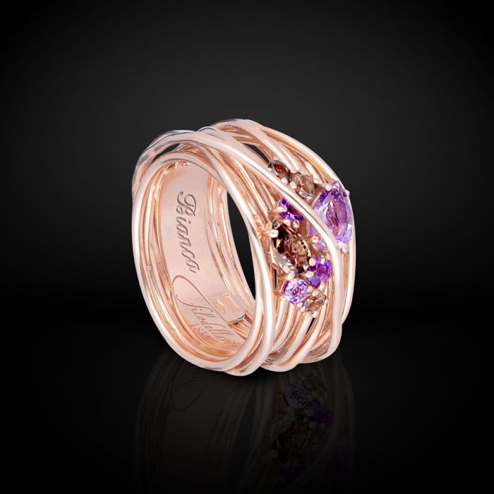 KHROMÍA COLLECTION 13-WIRE 18KT ROSE GOLD SCREWDRIVER RING WITH AMETHYST AND SMOKED QUARTZ