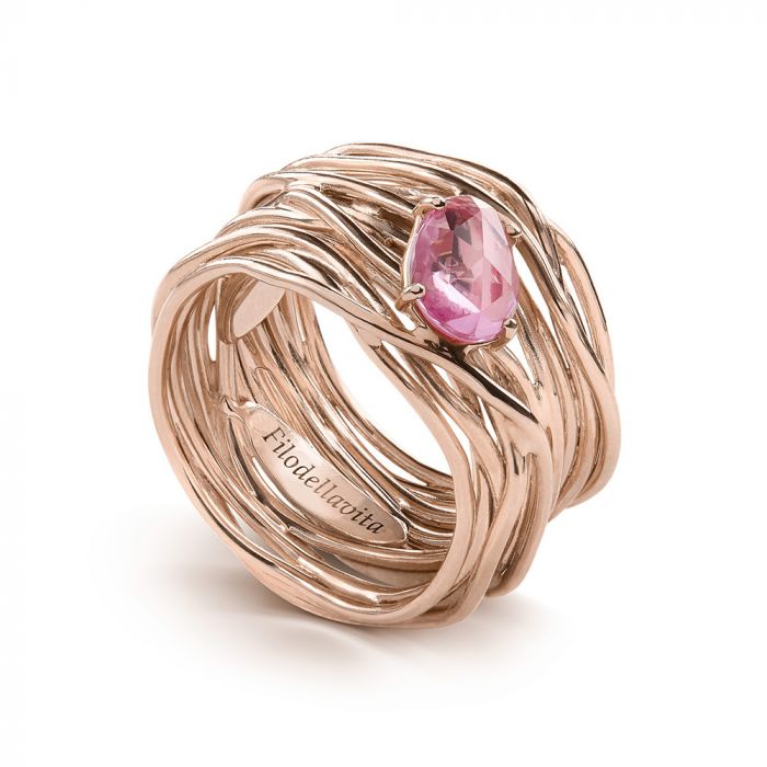 ANELLO FILODELLAVITA LUCE COLLECTION 13 FILI IN ORO ROSA 18KT E ZAFFIRO ROSA