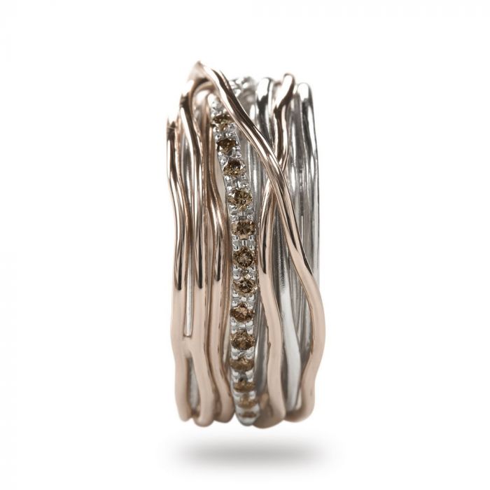 CLASSIC SCREWDRIVER RING, 13 THREADS IN 9KT ROSE GOLD, 925 SILVER AND BROWN DIAMONDS