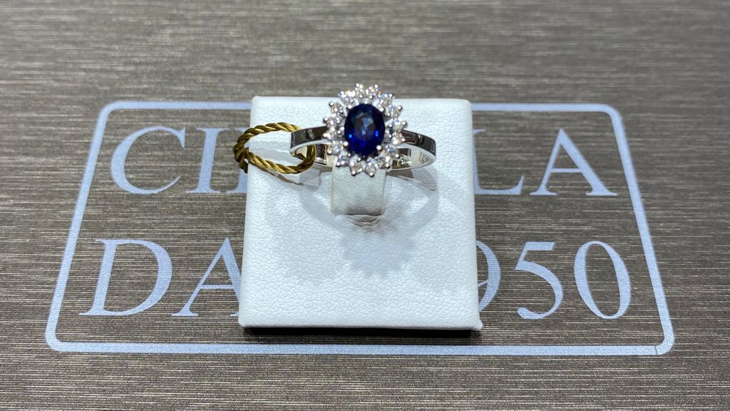 Anello zaffiro blu oro bianco 750% diamanti 0,20 ct colore F/vvs1 zaffiro  blu naturale 1,00 ct