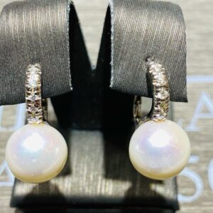 Orecchini perla oro bianco 750% diamanti 0,20 ct colore F/vvs1 perle coltivate millimetri 12