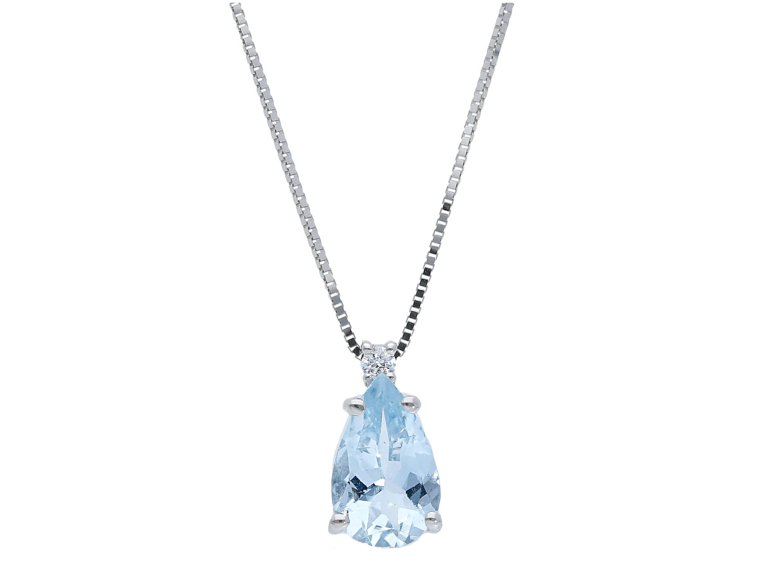 aquamarine Drop Pendant 0.74 ct White Gold 750% Diamond Cut Brilliant 0.02 ct Color F/VVS1