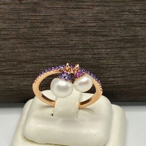anello perle fresh water argento 925% rose gold, cristalli lilla e fuxia