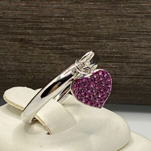 anello cuore argento 925% white gold, cristalli fuxia
