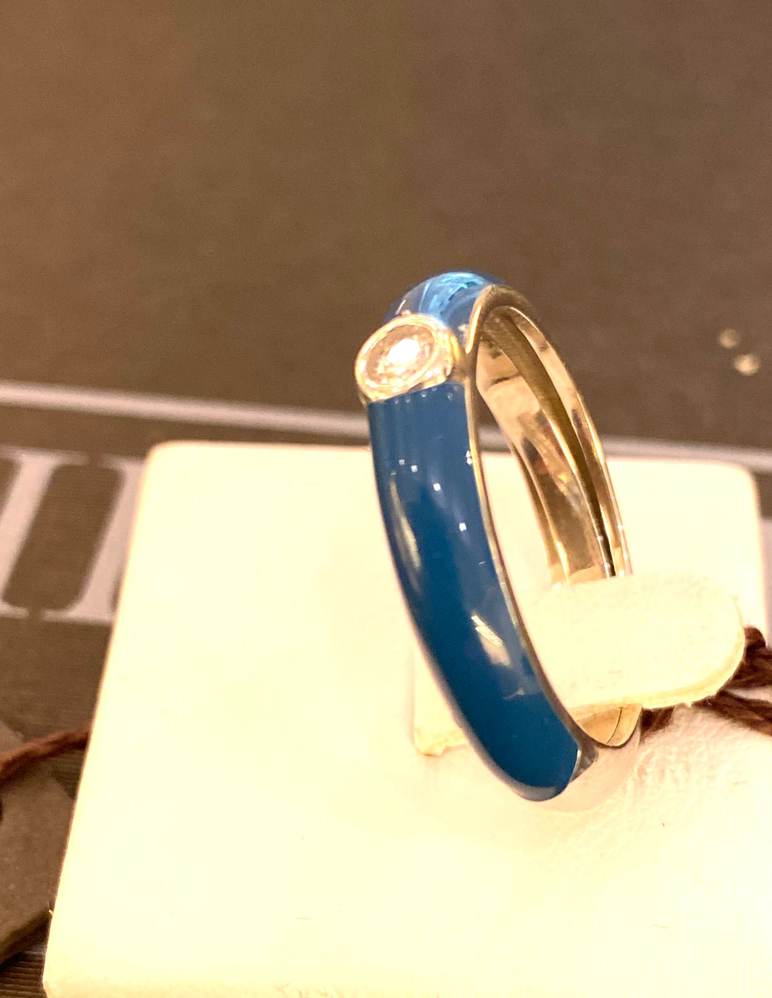 LABRIORO anello mini fascia argento 925% silver gold  smalto blu petrolio cristallo bianco