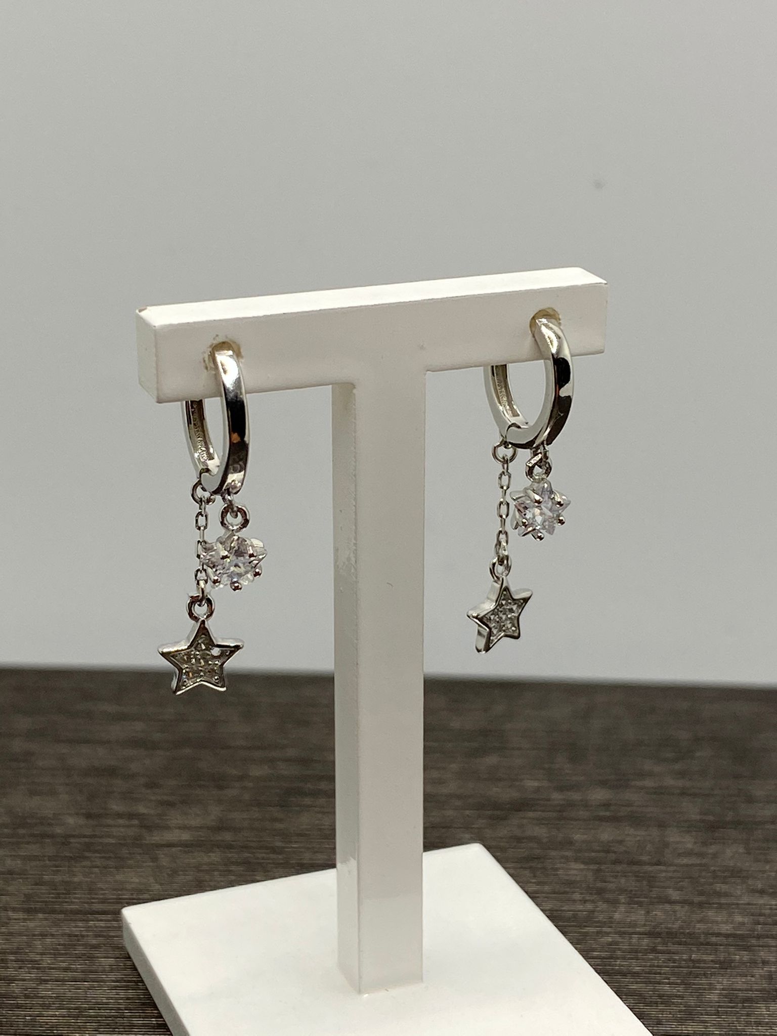 orecchini mini cerchio pendenti stelle, argento 925% white gold,cristalli bianchi