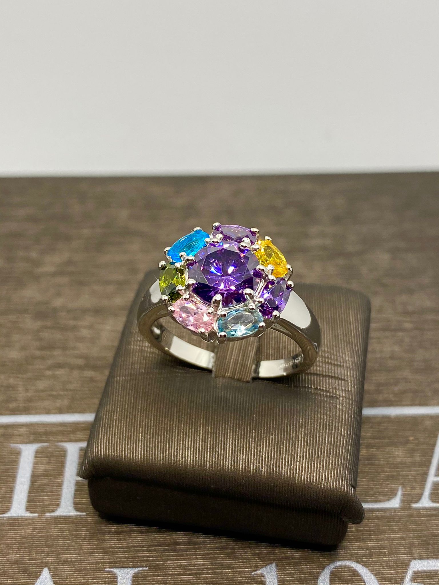 anello  toppa argento 925% silver gold cristalli multicolor