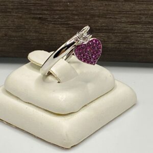 anello cuore argento 925% white gold, cristalli fuxia