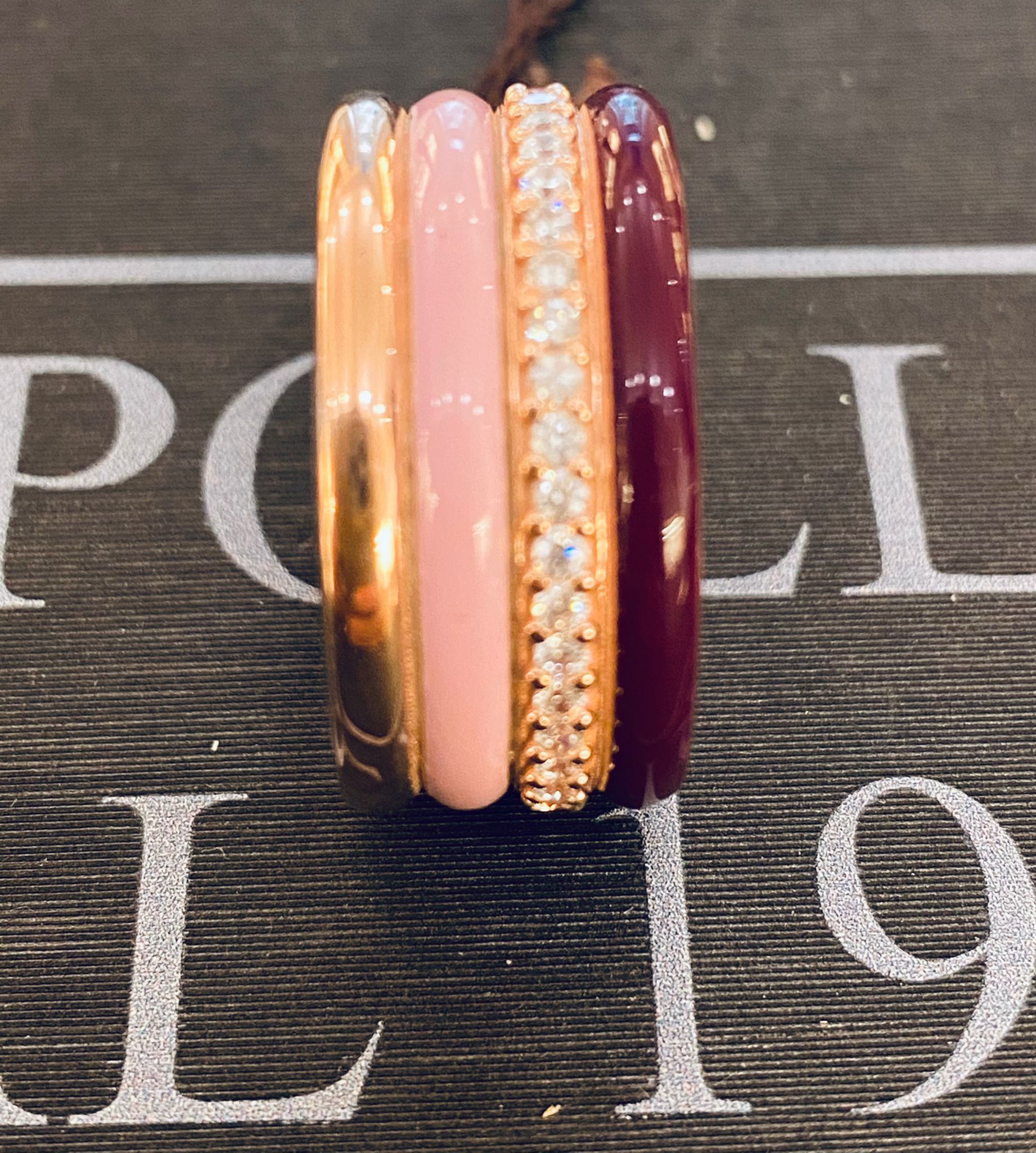 LABRIORO anello fascia argento 925% rose gold smalto bordeaux,rosa e cristalli