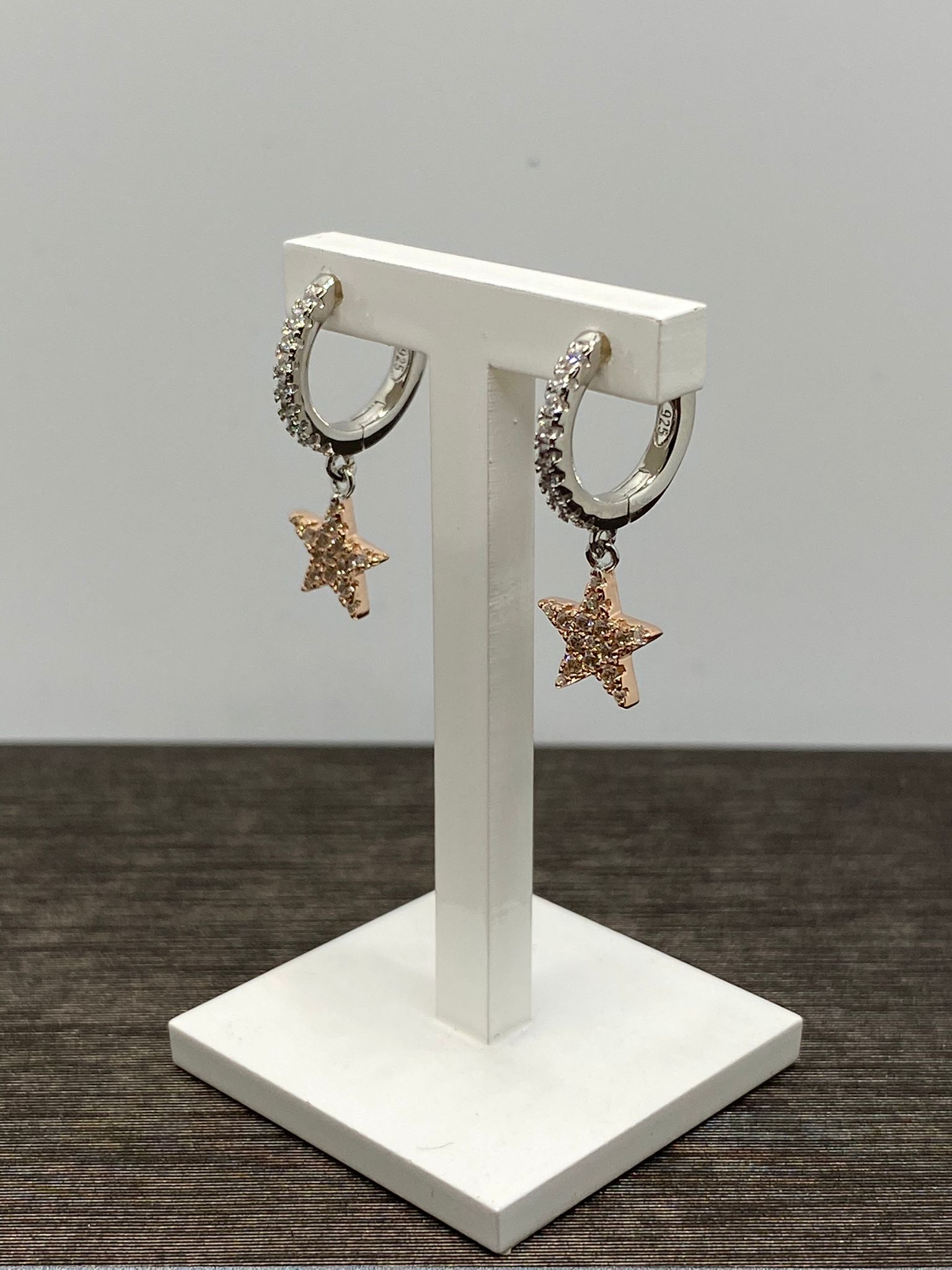 orecchini mini cerchio pendenti stelle, argento 925% white e rose gold,cristalli bianchi