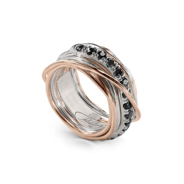 Precious 13-Wire Rose Gold 9kt, 925 Silver and Black Diamonds Screwdriver Ring