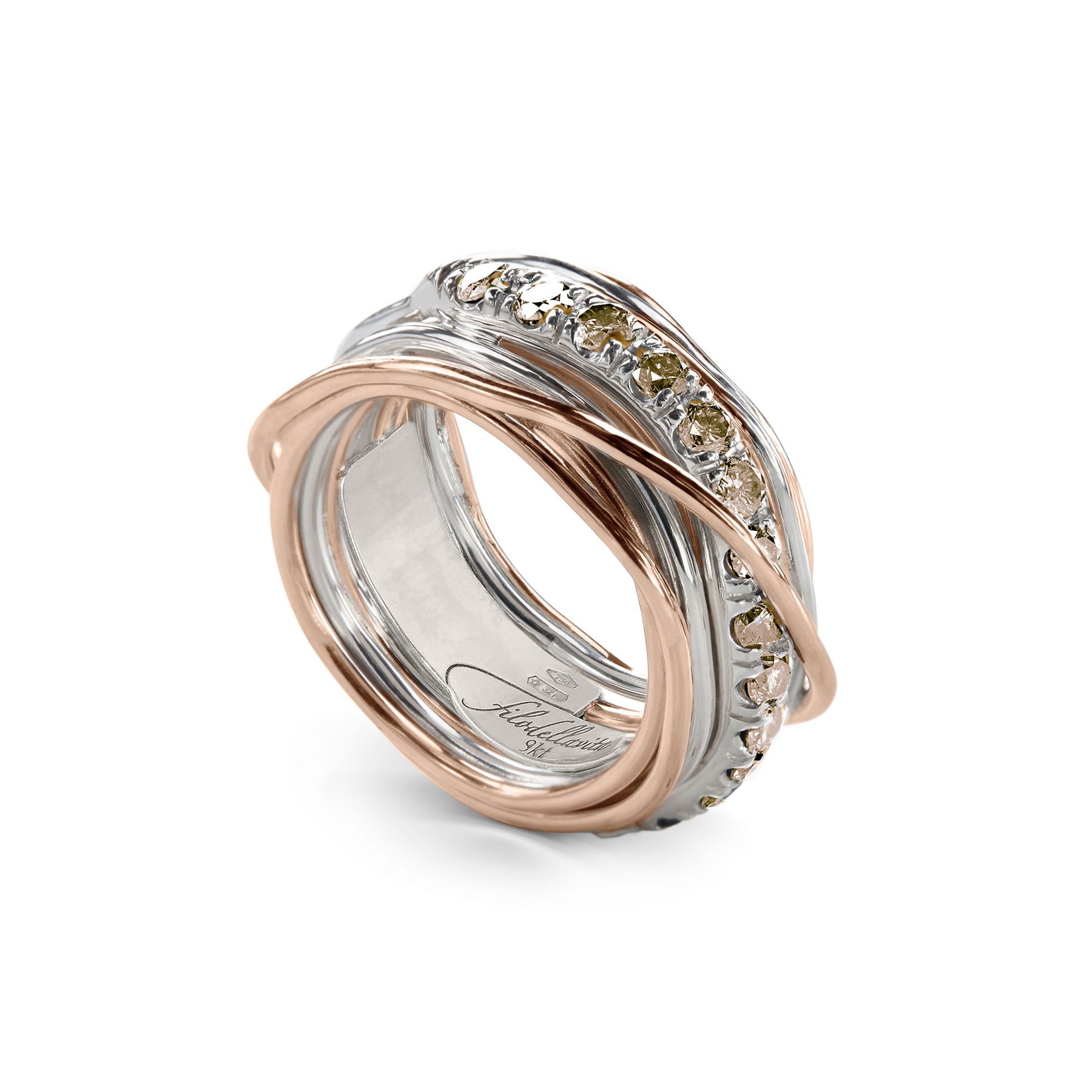 Precious 13-Wire Rose Gold 9kt, 925 Silver and Brown Diamond Screwdriver Ring