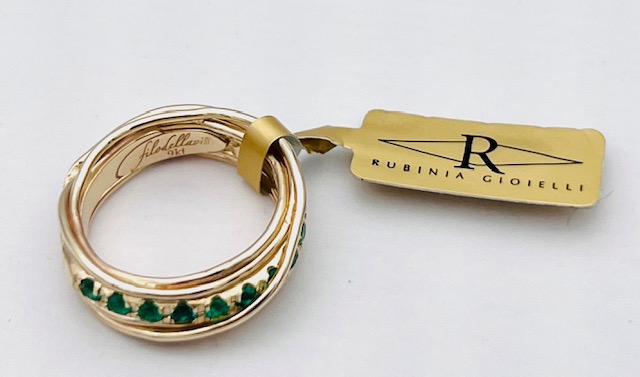 SCREWDRIVER RING , 7 WIRES IN 9KT YELLOW GOLD AND EMERALDS