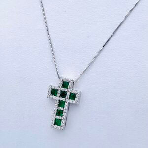 BELLE EPOQUE White Gold Diamond Emerald Cross Pendant Art.GR386-1