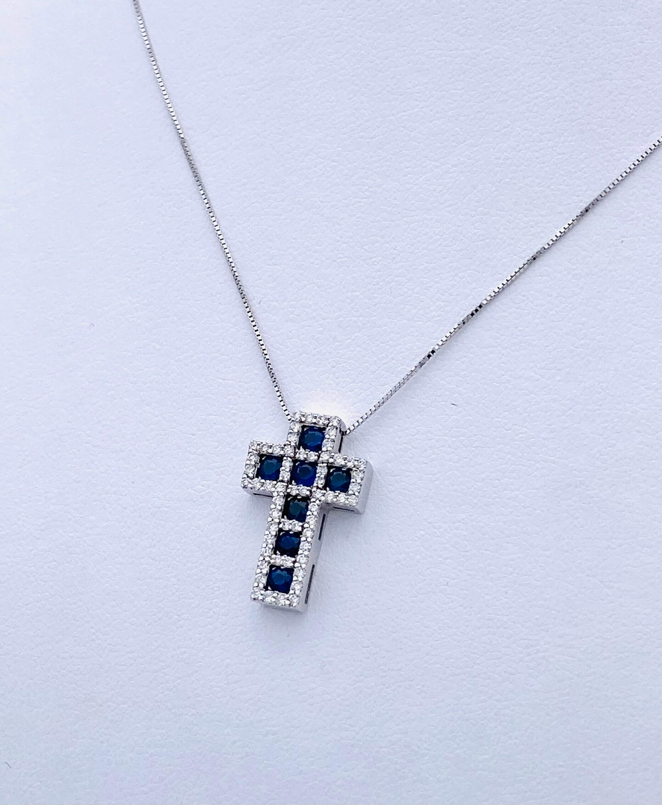 BELLE EPOQUE White Gold Diamond Sapphire Cross Pendant Art.GR387-1