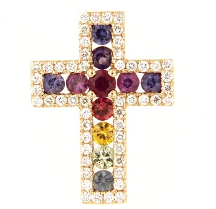 Rainbow cross pendant with Fancy sapphires art. MRP1002-RW