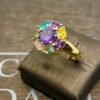 anello  toppa argento 925% yellow gold cristalli multicolor