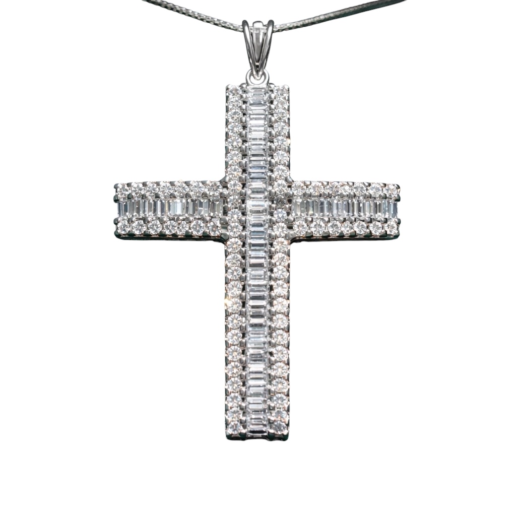 Pendente croce oro bianco e diamanti baguette art.7040