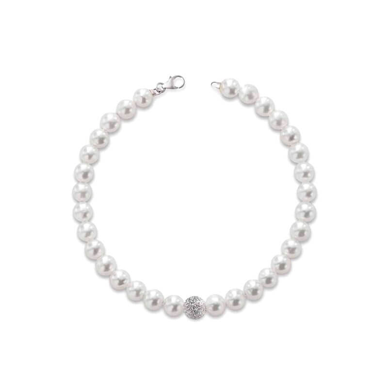 bracciale perle freshwater 6,5/7 mm , sfera centrale oro bianco 750% art. BRP6.5/7