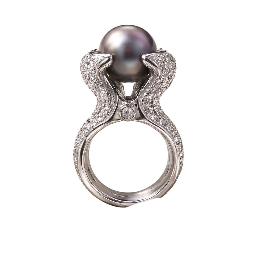 Anello perla TAHITI grigia diametro 10mm diamanti diamanti 4,00 ct colore G anello oro 750%
