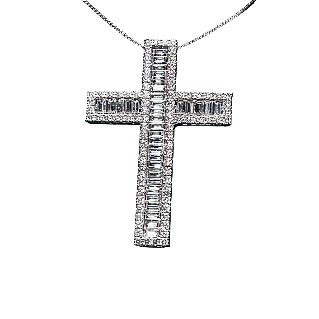 Pendente croce oro bianco e diamanti baguette art. B-13449PW