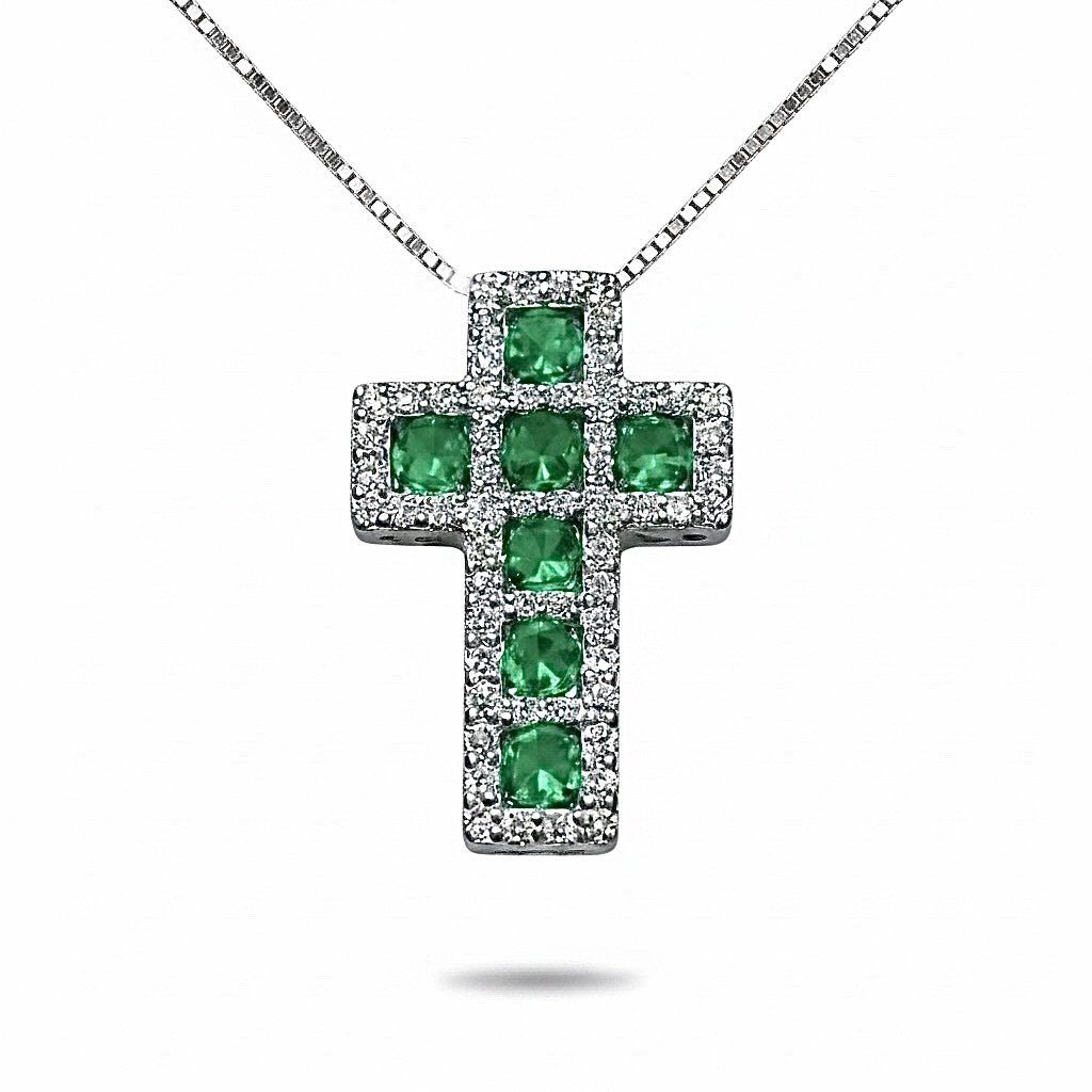BELLE EPOQUE White Gold Diamond Emerald Cross Pendant Art.GR386-1