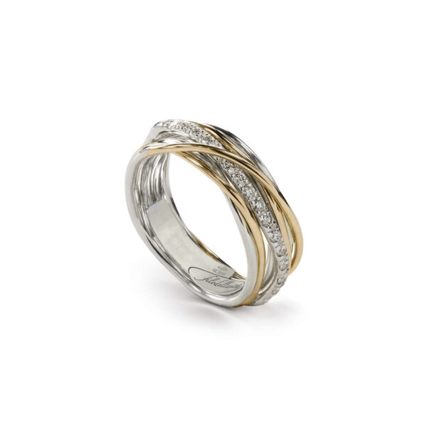 ANELLO FILODELLAVITA 7 FILI IN ORO GIALLO 9 KT, ARGENTO 950 AL PALLADIO E DIAMANTI BIANCHI CT 0,21